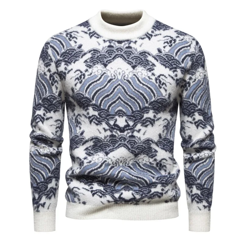 New Men's Fashion Landscape Painting Pattern Long Sleeve Line Clothing Autumn Winter Leisure Crew Neck Sweater Jumper