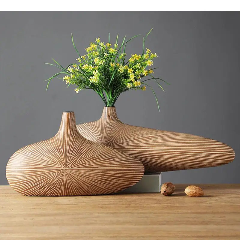 

Imitation Wood Vase Singular Ellipse Flower Arrangement Tabletop Decor Resin Crafts Home Vases Living Room Decoration