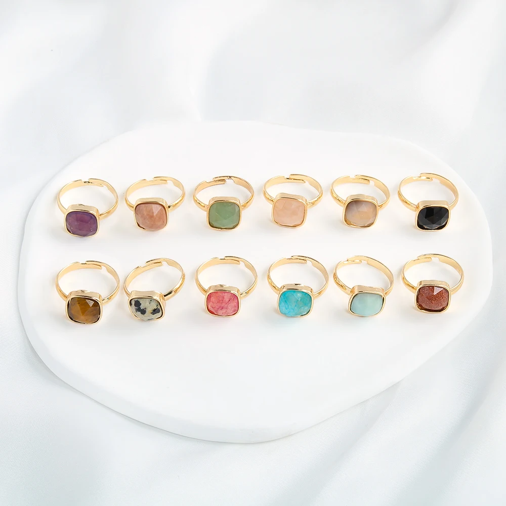 New 12pcs Mixed Color Peak Cut Natural Stone Ring Face Tiger Eye Amethyst Adjustable Open Ring Box Personalized Ring Set Gift