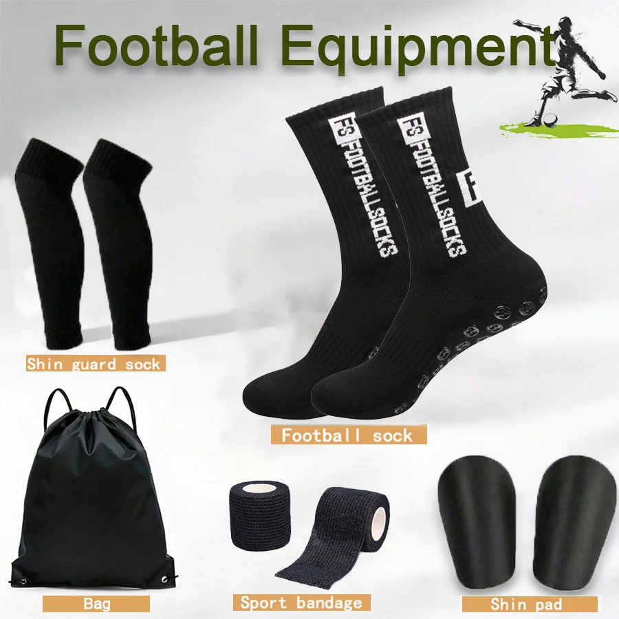 5-teiliges Set Neue Fußballsocken für Herren und Damen Sportbandagen Elastische Kompressionssocken Mini-Schienbeinschoner Fußballtasche Fußballzubehör