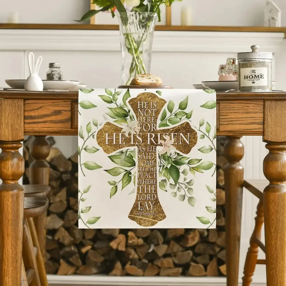 VIKAMA Tischläufer mit frischem Jesus-Kreuz-Aufdruck, geeignet für Küche, Esszimmer, Taufe, Geburtstag, Feiertagsdekoration, Tischdecke