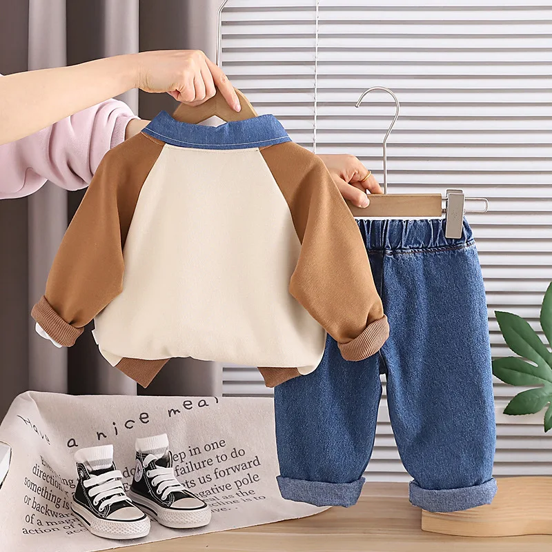 Toddler Boys 2 Piece Casual Outfit Denim Collar Dinosaur Letter Print Sweatshirt Denim Pants Kids Spring Autumn Street Tracksuit
