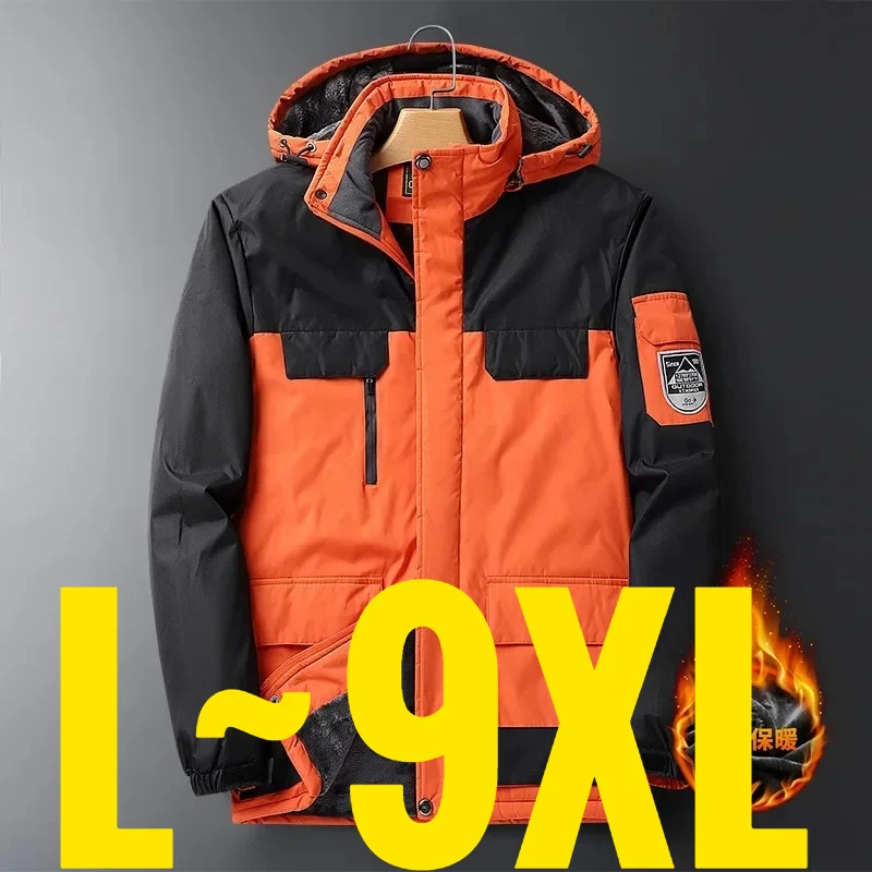 2026 9XL Mens Winter Jacket Fleece Lining Zip Hood Warm Parka Male Large Size Waterproof Big Extra Plus 8XL Windbreaker Mountain