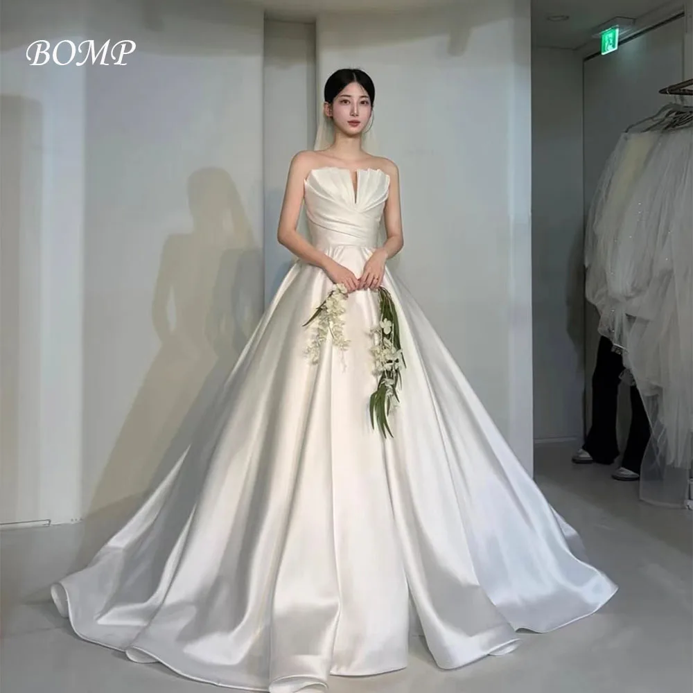 

BOMP Elegant Pleat Wedding Dress Strapless Draped A-Line Floor Length Taffeta Korea Photo Shoot Bridal Reception Gown Customized
