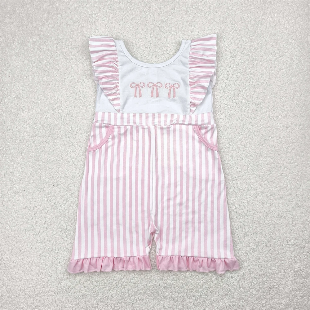

Baby Girls Pink Stripe Embroidery Jumpsuit with Flutter Sleeves Pink Bows And Pockets for Infants