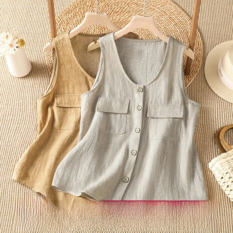 

Women's Cotton Linen Sleeveless U-Neck Vest Multi-Pocket Design Summer New Style Casual Loose Fit Breathable Comfortable Top