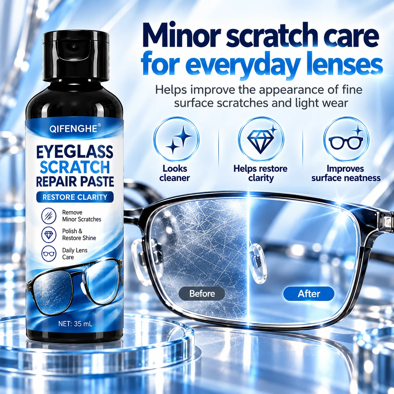 Eyeglass Scratch Repair Cream – Lens & Frame Scratch Polish, Lens Polishing & Buffing Paste, Suitable for All Glasses