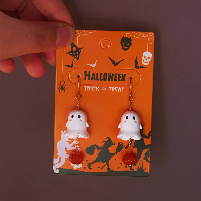 Niedliche Halloween-Harz-Geister-Ohrstecker für Damen, modische Cartoon-Kürbis-Anhänger-Piercing-Ohrringe, Schmuckgeschenke – Detail 28