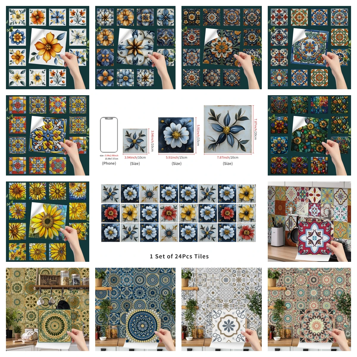 24PCS Classic Square Tile Stickers Artistic Home Decoration Self-Adhesive Removable Wall Decals Stickers for Kitchen Bathroom