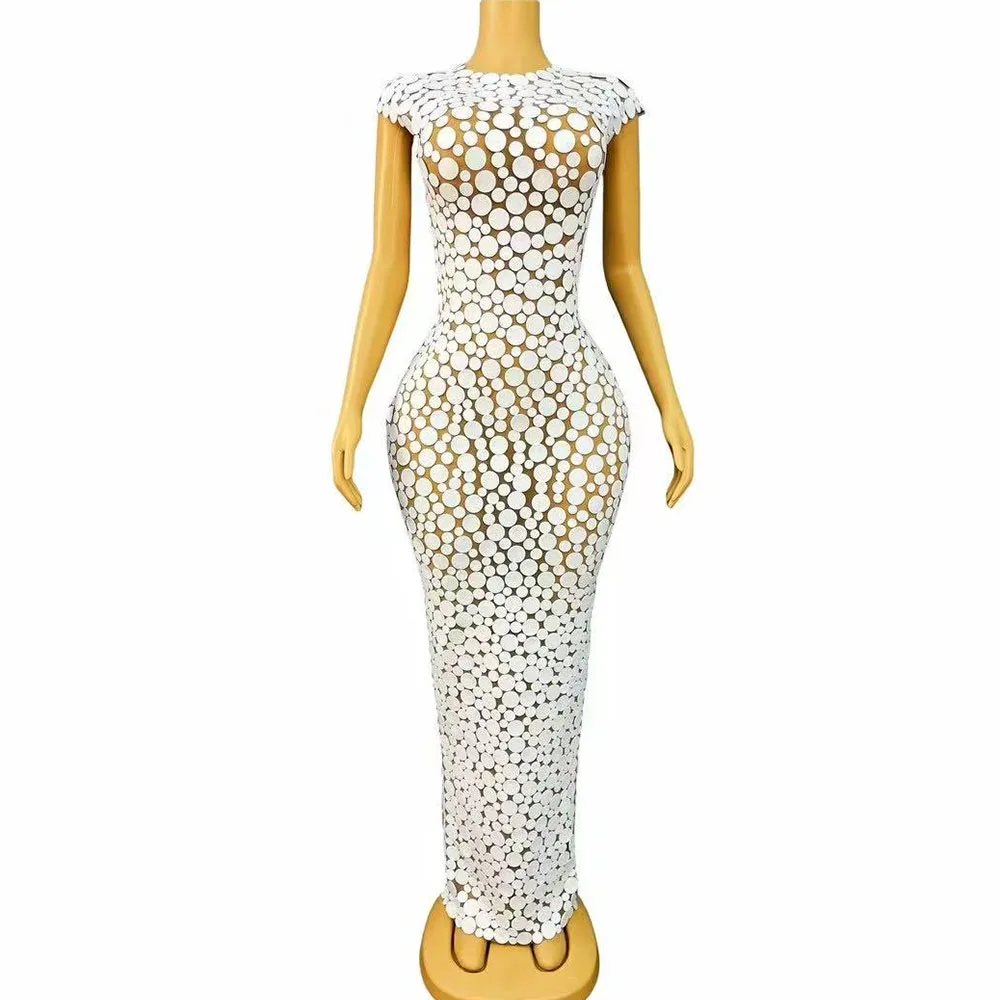 

Women Sexy Stage Special White Points Foam Long Dress Singer Birthday Evening Celebrate Stretch Party Photoshoot Stage Wear