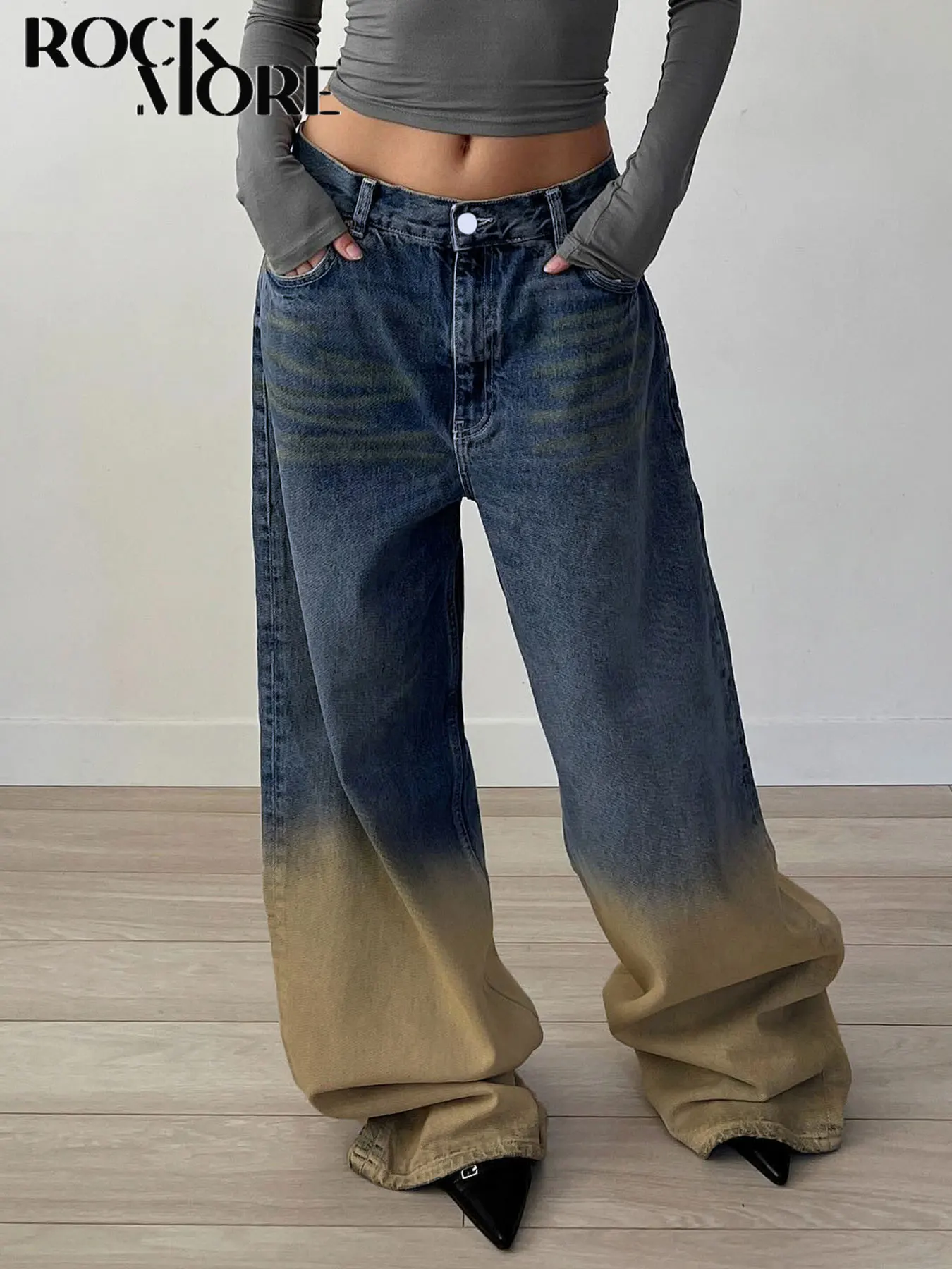 Rockmore Wide Leg Oversized Jeans Washed Denim Y2k Aesthetic Fashion Streetwear Trouser Vintage Ankle-Length Pants Youthful