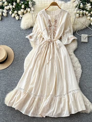 Summer Indie Folk Style Lantern Sleeve Embroidered Dress Women's New Apricot Lace Up Waist Lace Edge Elegant Long Dress D141