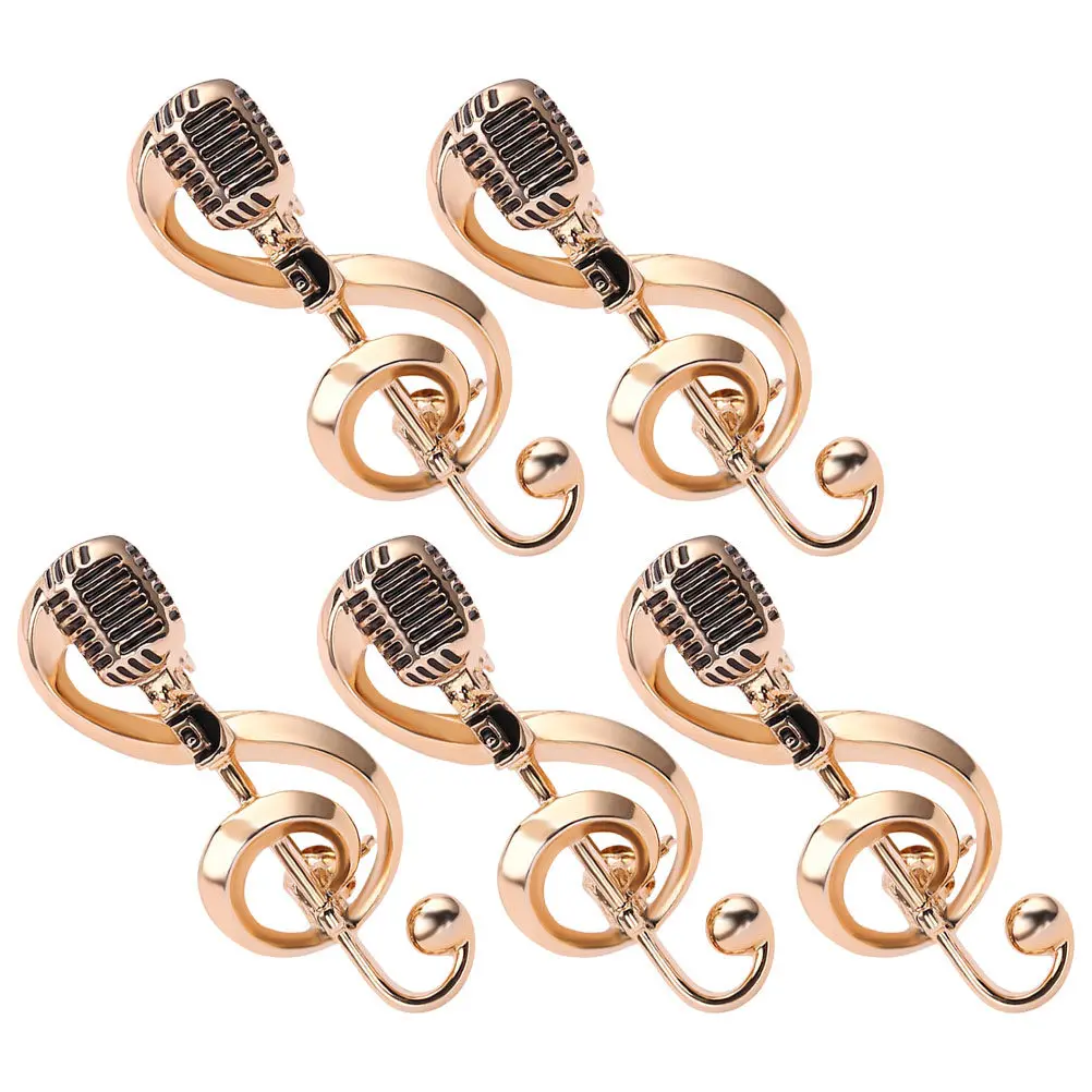 5Pcs Retro Microphone and Music Note Brooch Pin Metal Vintage Style Lapel Accessory for Music Lovers Daily Wear Office Concert
