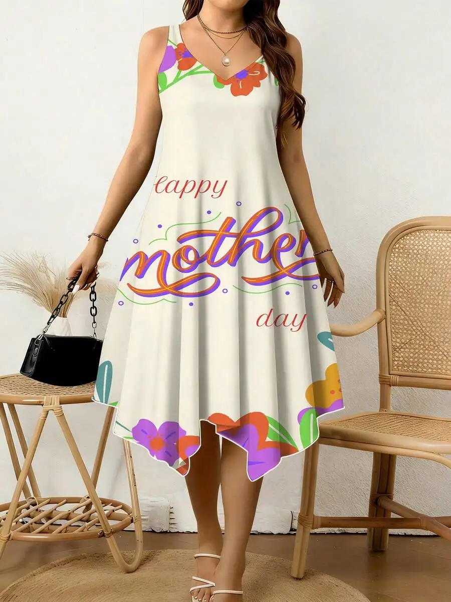 

Happy Mother Day Floral Print Women V Neck Sleeveless Dress Irregular Hem Casual Vacation Dress