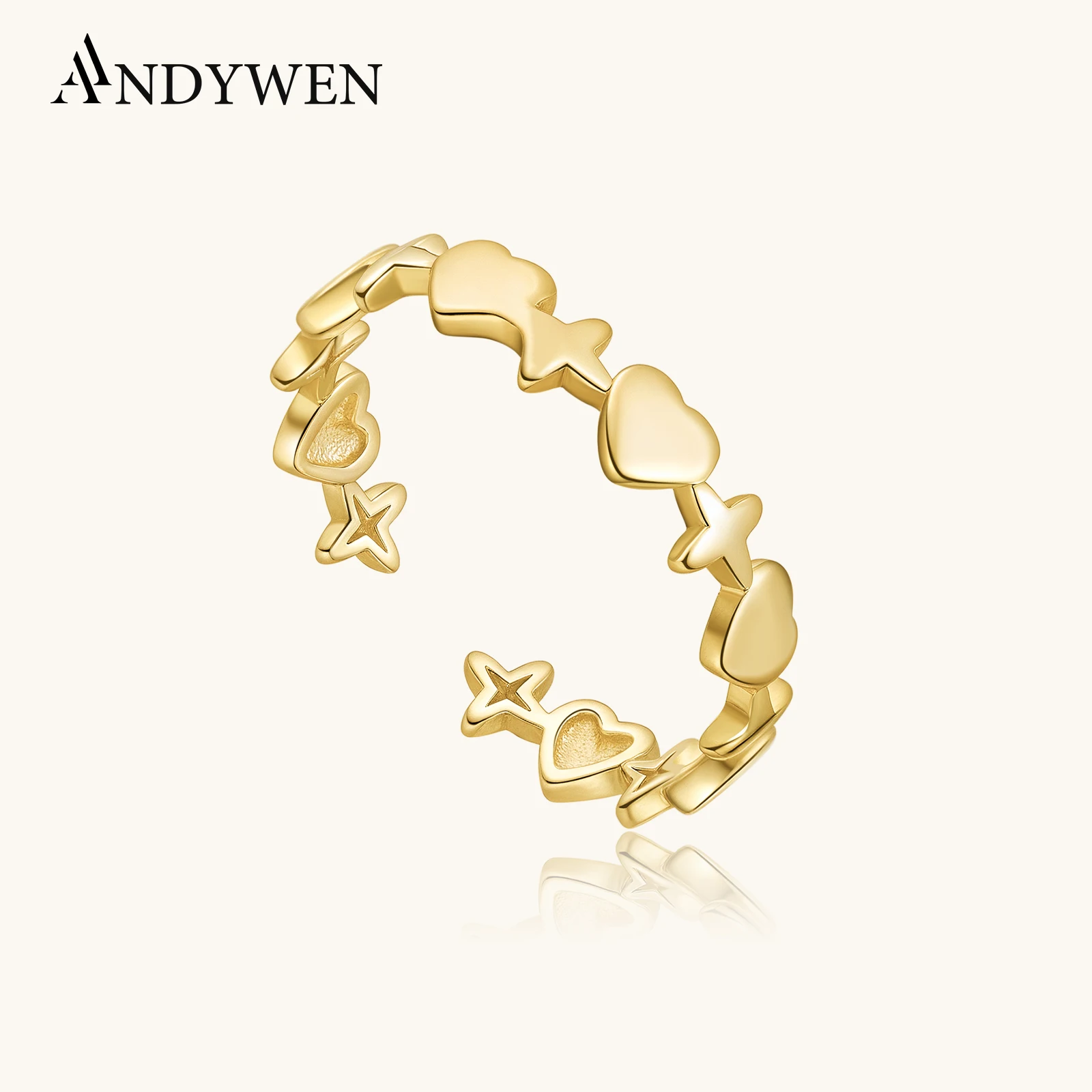 

ANDYWEN 925 Sterling Silver Star & Heart Adjustable Open Ring for Girls Delicate Sweet Cute Stackable Daily Jewelry Gift
