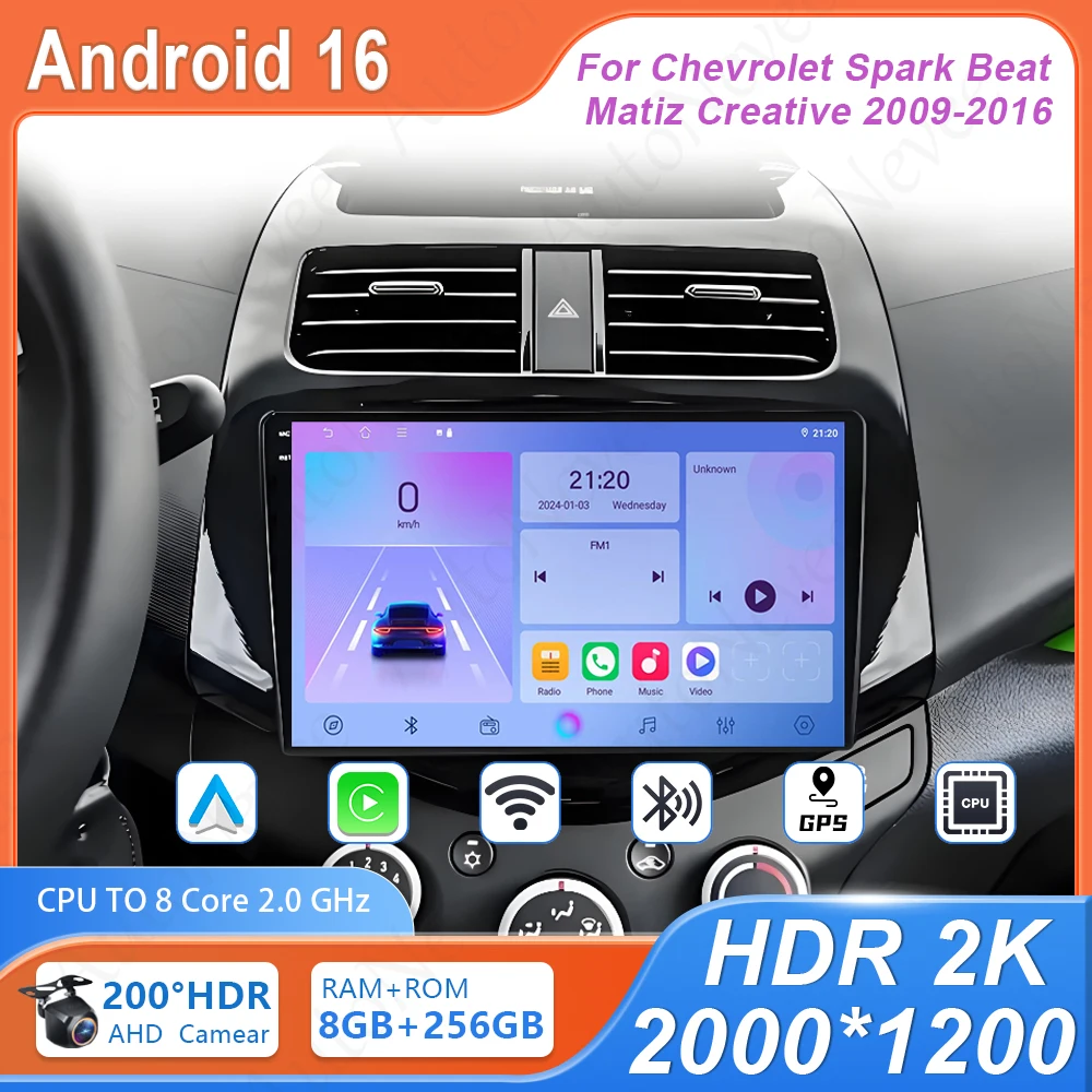 Android For Chevrolet Spark Beat Matiz Creative 2009 - 2016 Car Dvd Auto Radio Stereo CPU HDR QLED Screen 4G Wifi BT Dash Cam