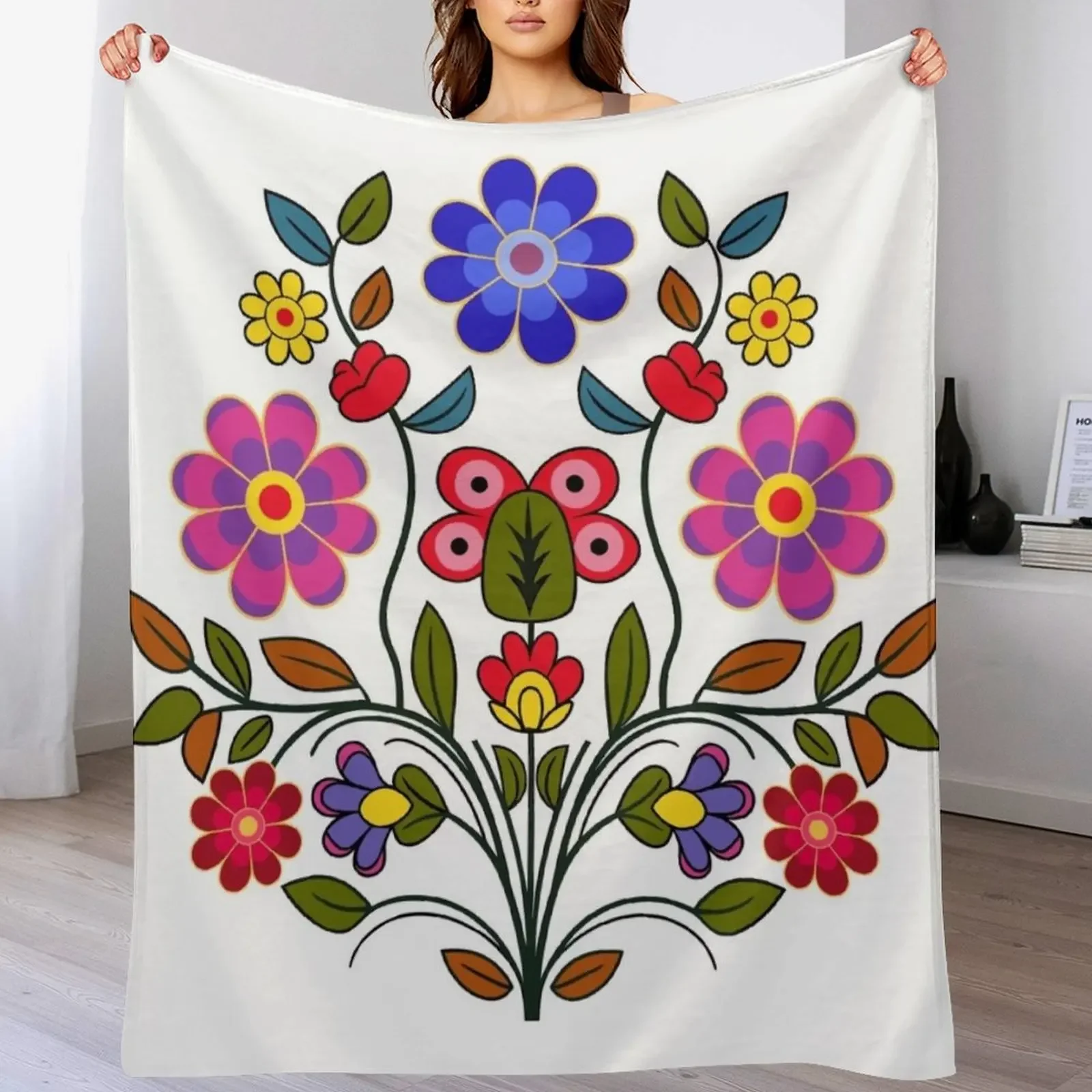 Ojibwe Floral Motif Throw Blanket Cozy Home Blanket Gift for Christmas Holiday
