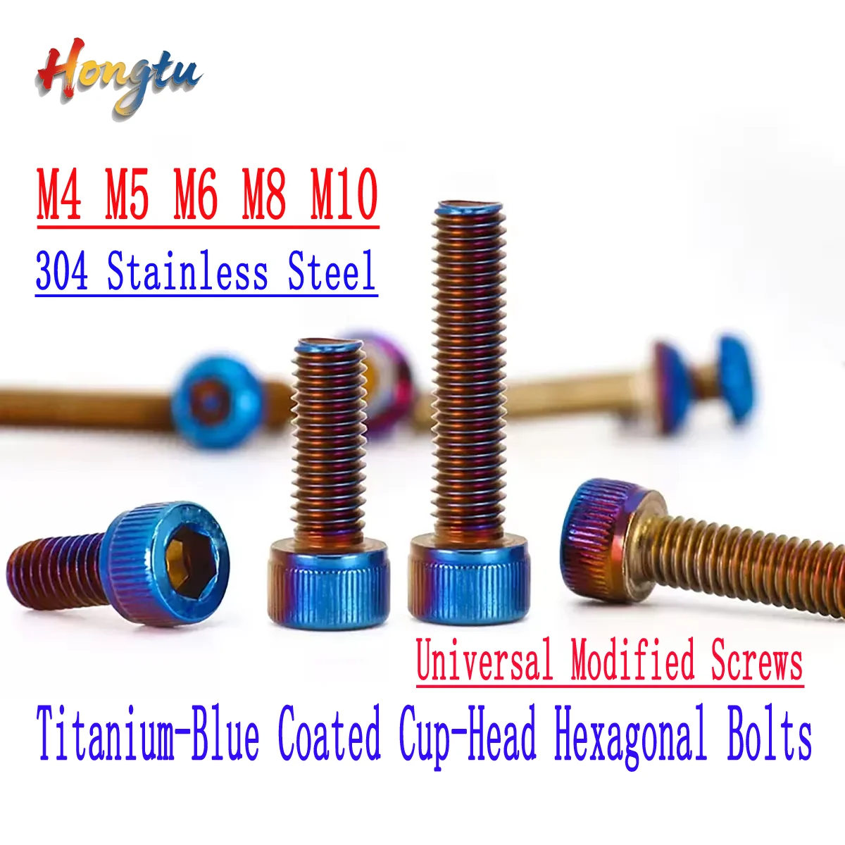 

Titanium-Blue Coated Cup-Head Hexagonal Bolts (304 Stainless Steel) – Universal Modified Screws in M4, M5, M6, M8, M10 Sizes