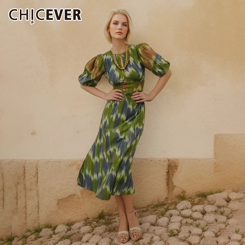 

CHICEVER Tie Dye Casual Long Dresses For Women O Neck Short Sleeve High Waist Spliced Bowknot Dress Female Clothing Summer New