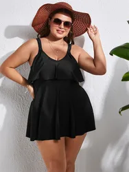 2024 Tankini Plus Size Swimwear Women Swimming Dress Two Piece Swimsuit Bikinis Solid Ruffle Conservative Beachwear Bathing Suit