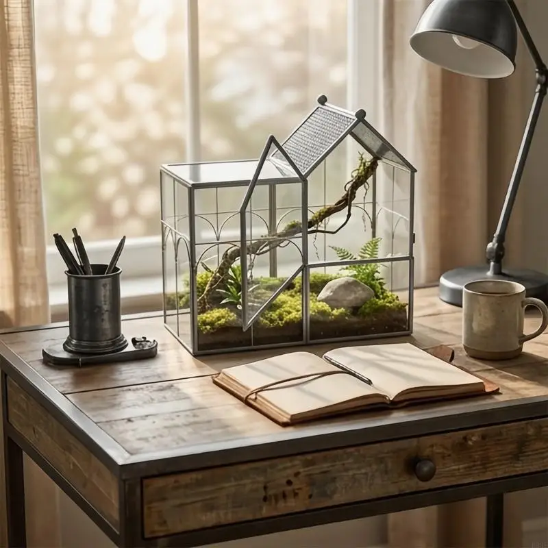Glas-Terrarium-Ausstellungshaus mit schwarzem Rahmen und Öffnungsplatte für Blumenarrangements, Platzierung auf der Fensterbank – Detail 3