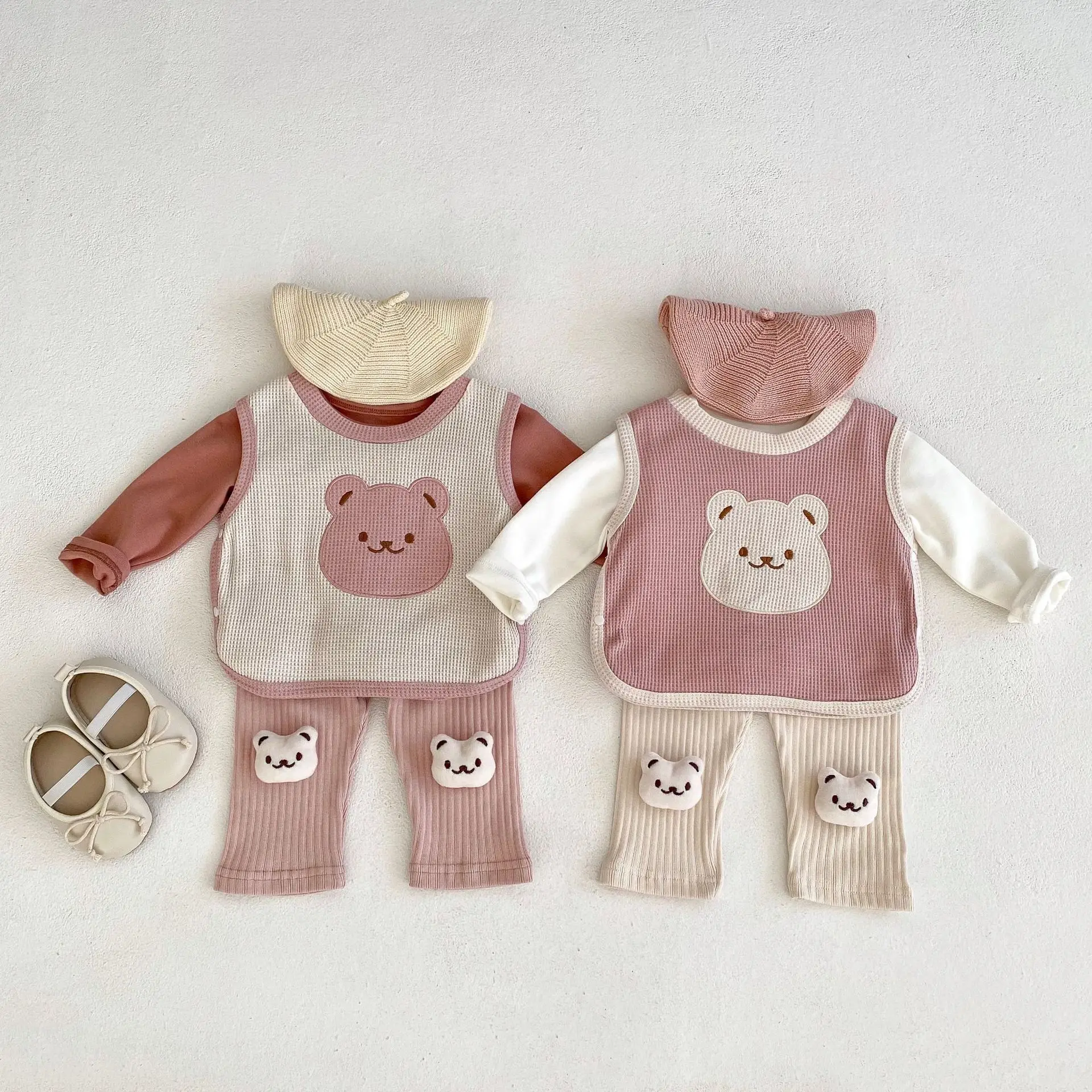 2024 Autumn Baby Girls 3PCS Clothes Set Cotton Long Sleeve Tops Versatile Bear Vest Ribbed Pants Suit Toddler Girls Outfits