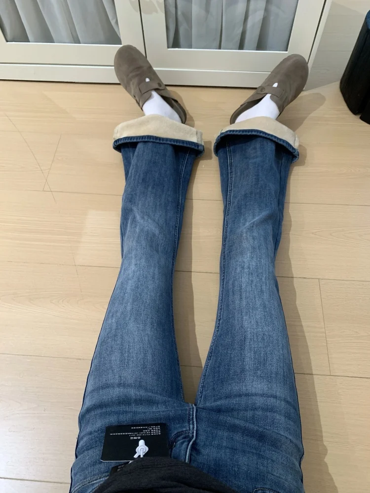 ريترو الأزرق Fce اصطف Thiened مايكرو متوهج الدينيم الجينز المرأة الشتاء حجم كبير عالية الخصر مطاطا جرس بوت بنطلون طويل #4