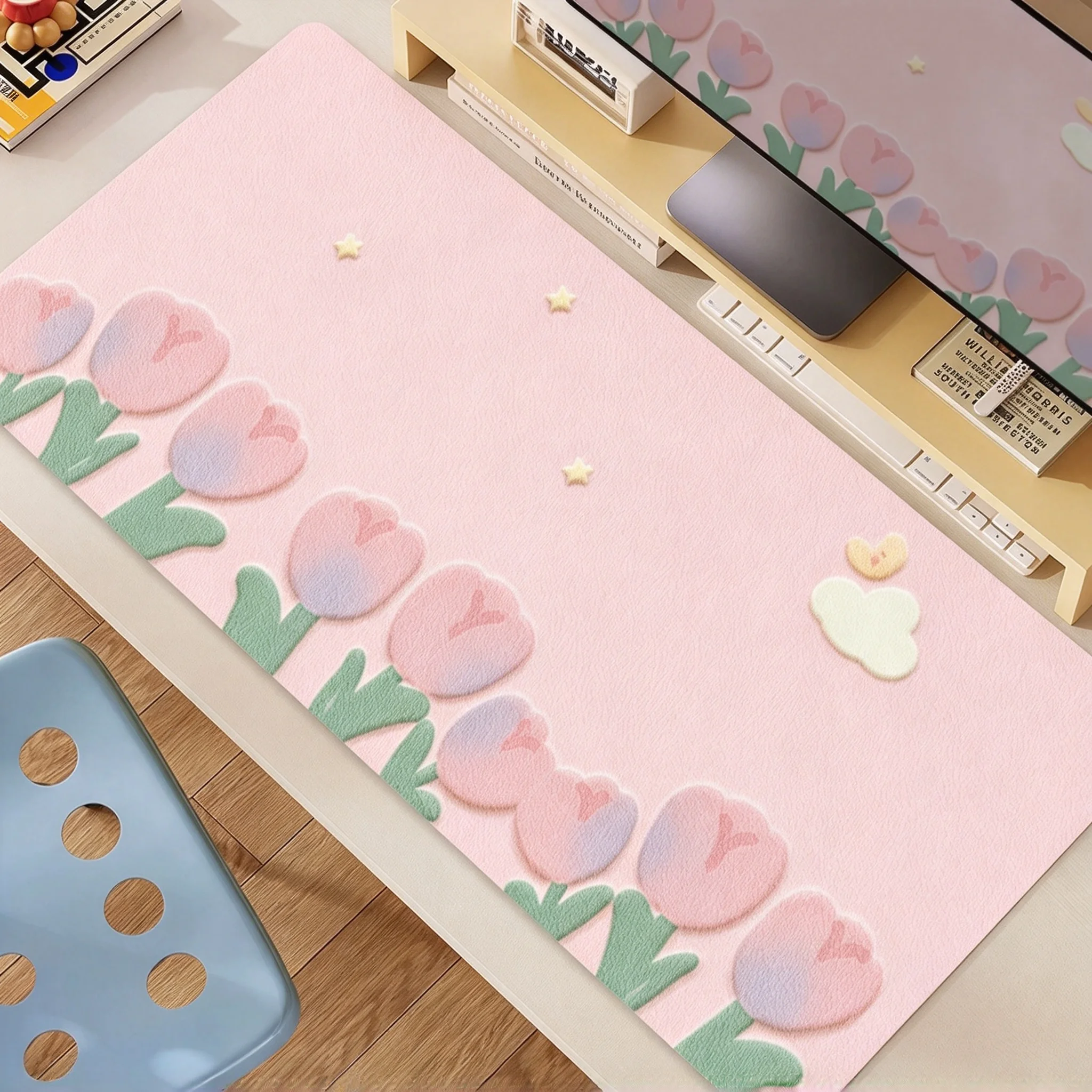 Korea Ins Gentle Tulip Flower Leather Y2K Mouse Pads Desk Mat for Office Gaming Waterproof Non-slip Computer Pad Keyboard Pads