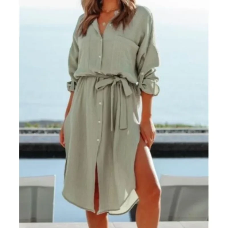 Nowa damska sukienka koszulowa z długim rękawem w jednolitym kolorze, damska odzież chroniąca przed słońcem w jednolitym kolorze, elegancka sukienka do pracy.