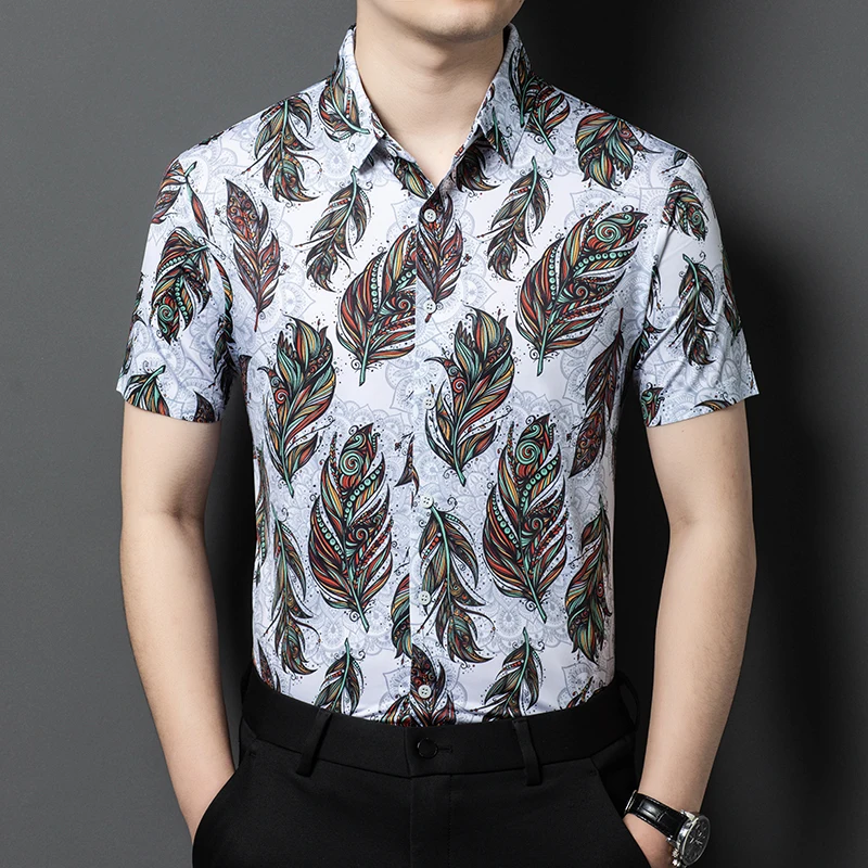 Digital Print Seamless Shirts For Men Short Sleeve Stretchy Silky Summer Quality Coolness Breathable Easy Care Camisas De Hombre