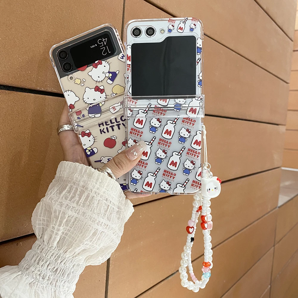 Cartoon Cute Hello Kitty with Lanyard Phone Case for Samsung Galaxy Z Flip 3 4 Z Flip 5 6 5G PC Hard Anti-drop Back Cover Funda