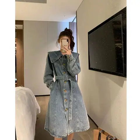 Ladies 2024 Spring New Retro Anti-Aging Polo Collar Casual Long-Sleeved Denim Dress High Waist Temperament Dress for Women V390