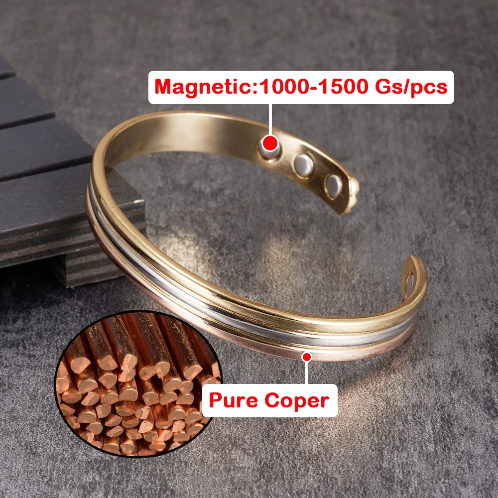 Vinterly Pure Copper Bracelets Magnetic Therapy Arthritis Lines Adjustable High Magnet Open Cuff 8mm Bangles Resizable Jewelry