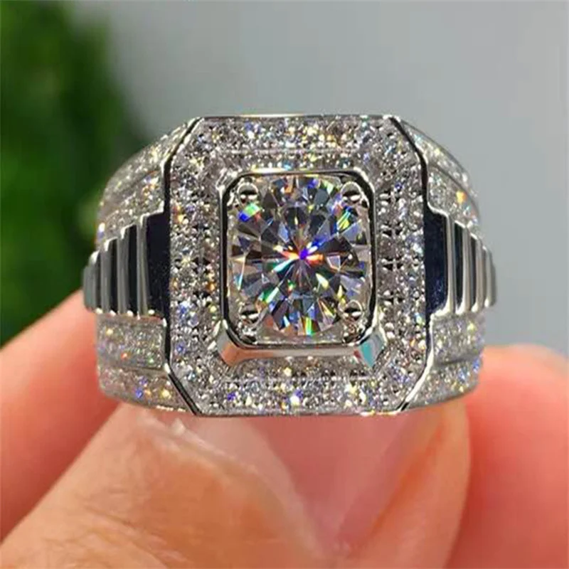 Big Hip Hop Style Rhinestone Men\'s Ring Square Ring Silver Color Pave Setting CZ Wedding Engagement Rings Top Quality