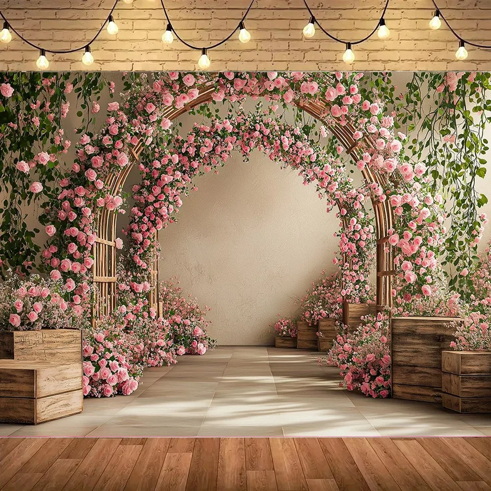 Flower Arch Wooden Grid Theme Party Banner Background, Flower Children's Birthday Party Decoration Photography Studio Background