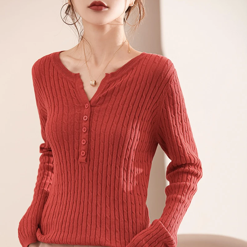 2023 new 100% cotton pit small twist round neck sweater top luxury soft breathable women's sweater spring and summer.