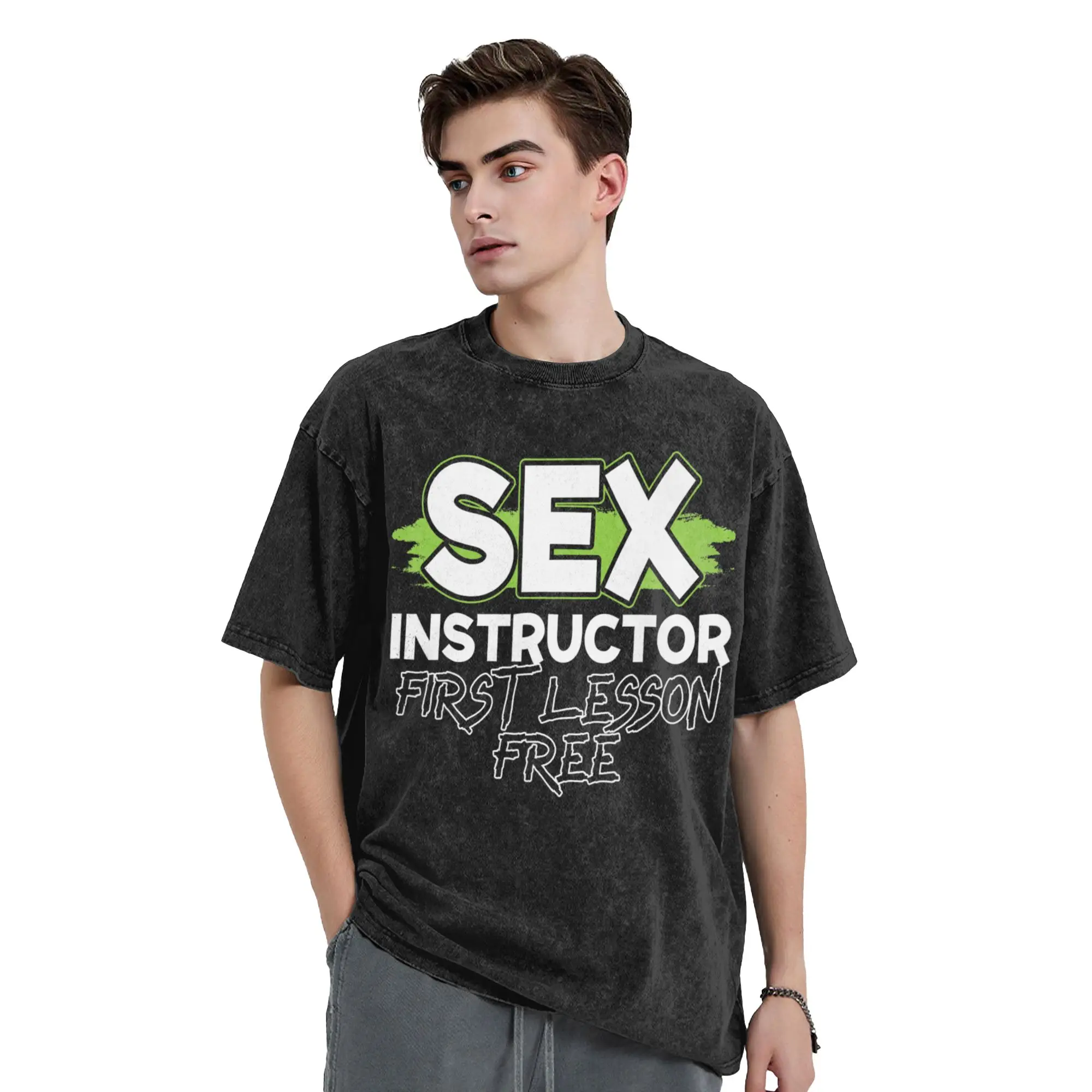 Sex Instructor First Lesson Free  Men T Shirts Washed  Novelty Tee Shirt Short Sleeve Round Collar T-Shirt Cotton Clothes