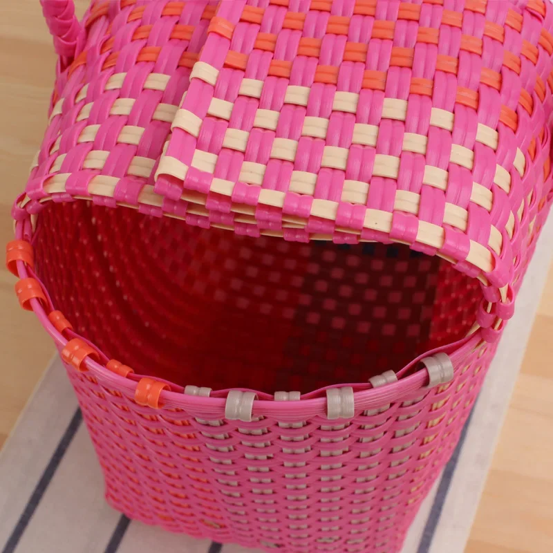 Large Capacity Plastic Woven Tote Bag Hand Woven Plaid Pattern Women\'s Handbag Summer Travel  Picnic Beach Bag Contrasting Color