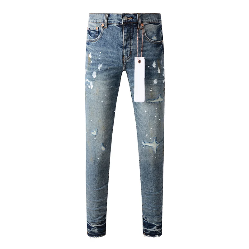 

Men's Distressed Skinny American Streetwear Light Indigo Purple Washed Destyoed Holes Graffiti Brand Ripped Jeans