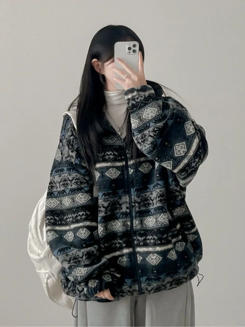 Chic Commuter Fair Isle Windproof Hooded Double Zipper Jacket Korean Style Regular Fit Medium Softness Online Exclusive