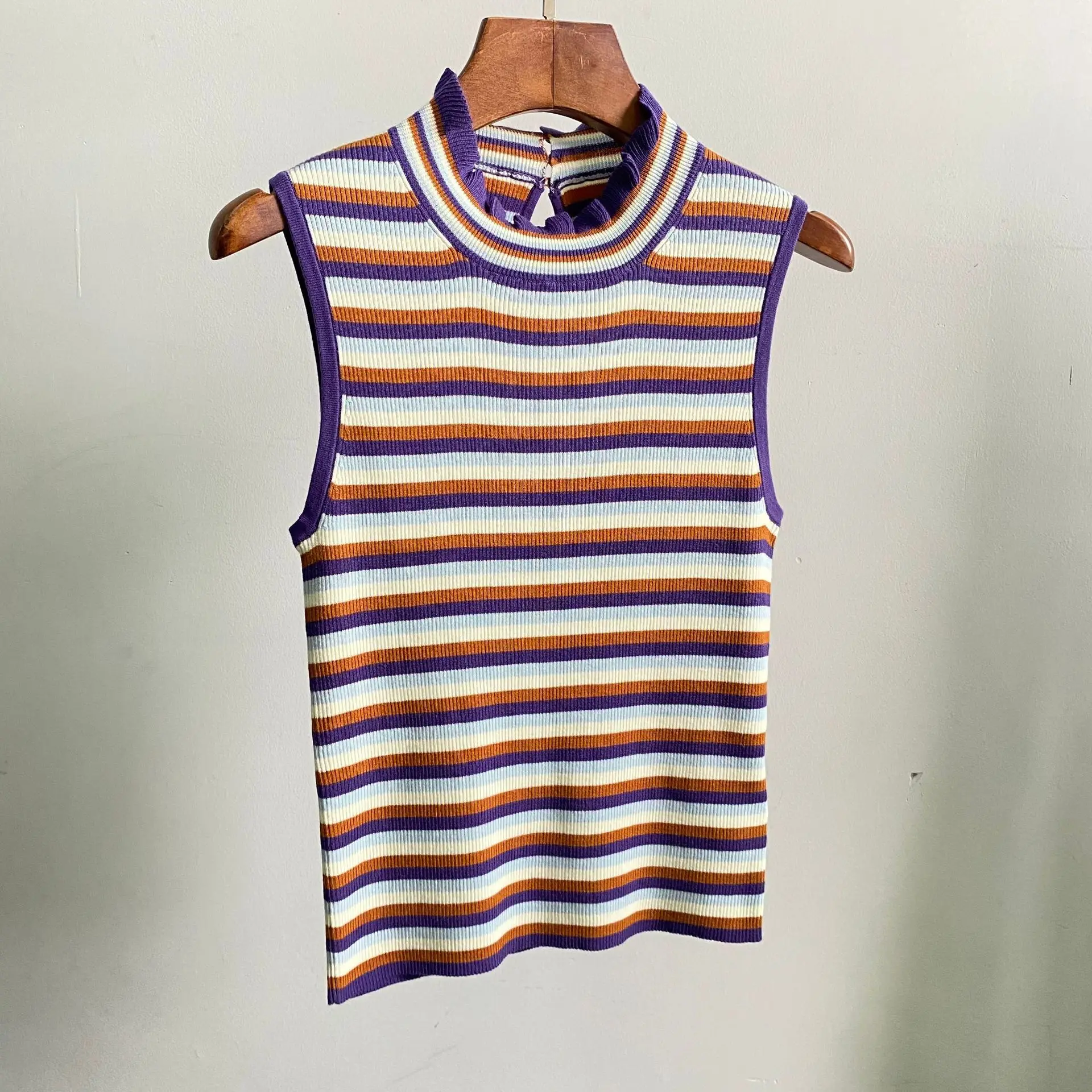 Dave&di 2026 Sleeveless Knitted Shirt Striped Soft Sticky Minimally Sleeveless Hoodie Small Tank Top