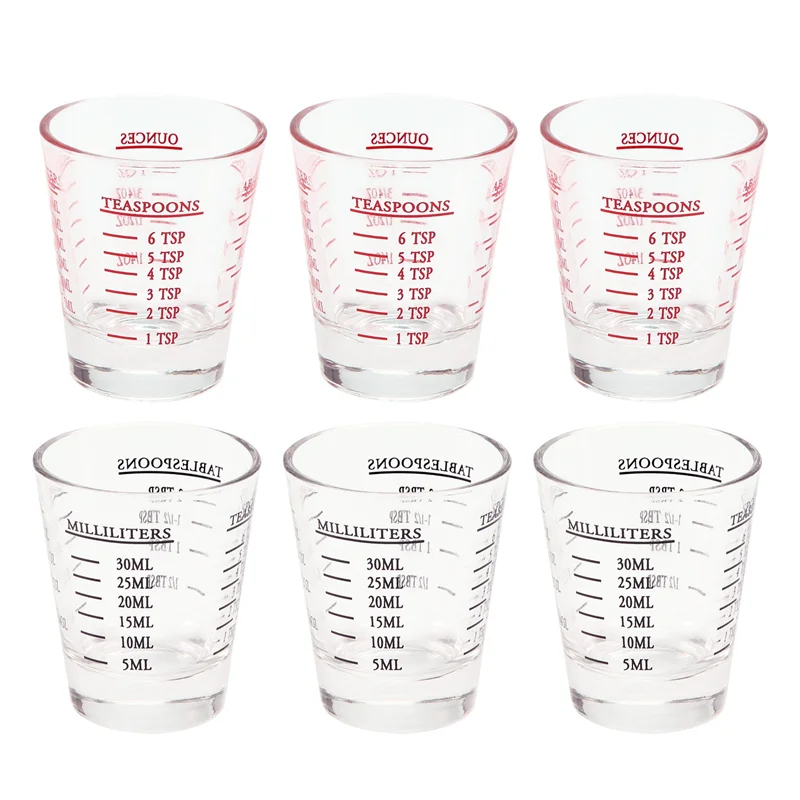 6Pcs Measuring Cup Espresso Shot Glass Liquid Heavy Glass Wine Glass 26-Incremental Measurement 1Oz, 6 Tsp, 2 Tbs, 30Ml