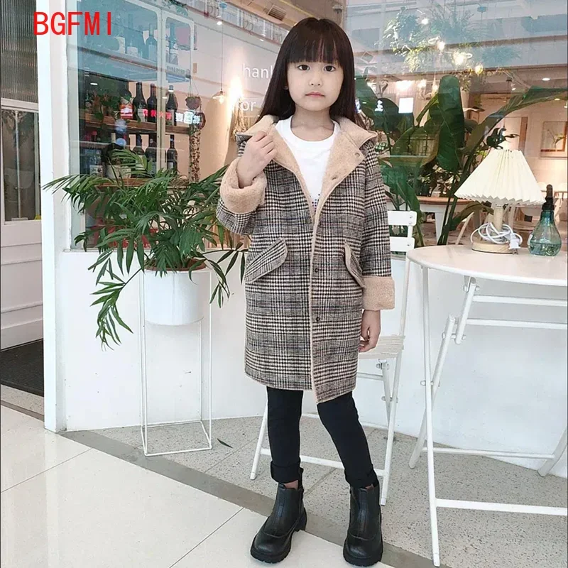 

Korean Autumn Winter Jacket Kids Girl Outerwear Lattice Velveteen Woolen coat Medium long Hooded Woolen Overcoat Imitation fur