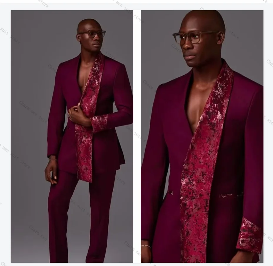 Glitter Sequins Burgundy Men Suits Set 2 Pcs Blazer+Pants Trousers Cotton Guest Wedding Tuxedos Formal Office Groom Jacket Coat