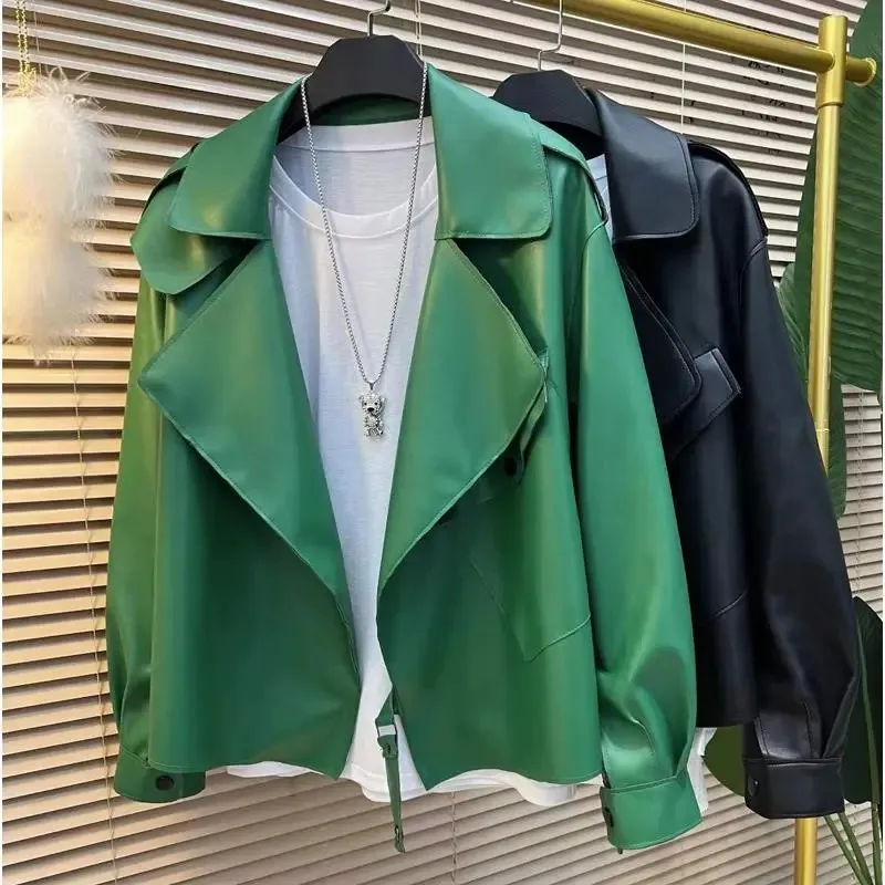 Big Size Green Black Coat High Quality Suit Collar Women Jacket Tops 2023 NEW Spring Autumn Woman Short Motorcycle Outerwear 6XL