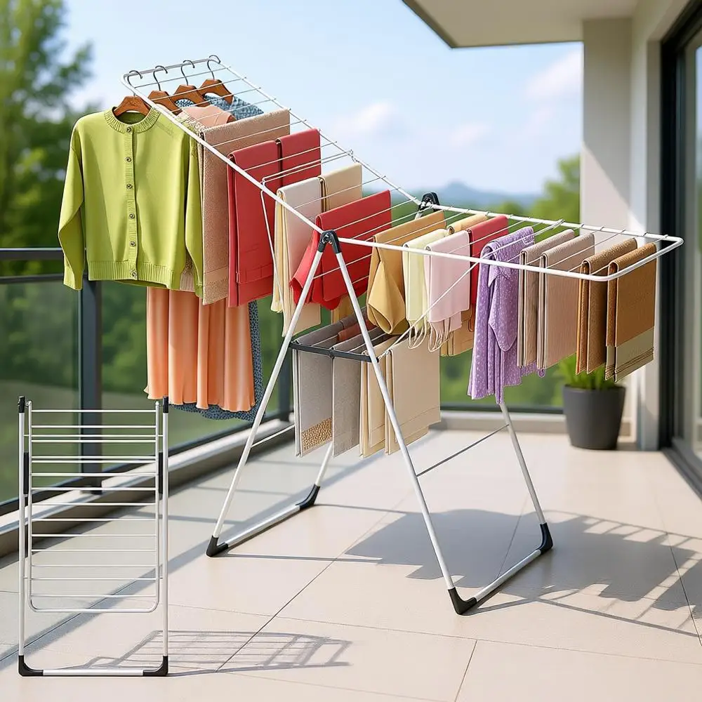 

Adjustable L-Shaped Outdoor/Indoor Oversized Laundry Rack with Cover, Pearl White