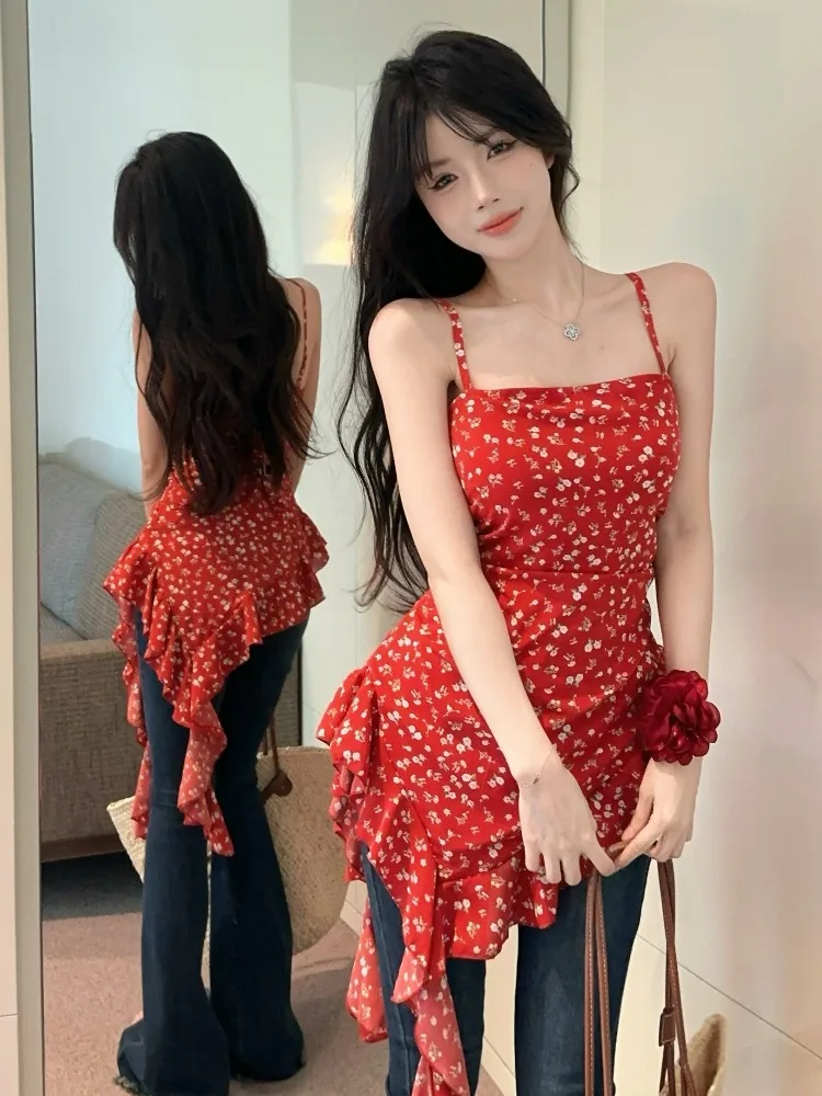 

Красный топ-халтер с цветочным принтом для женщин, летний, в стиле Sweet Spicy Girl, с кружевной отделкой, асимметричный, красивый, пляжный, для повседневной носки