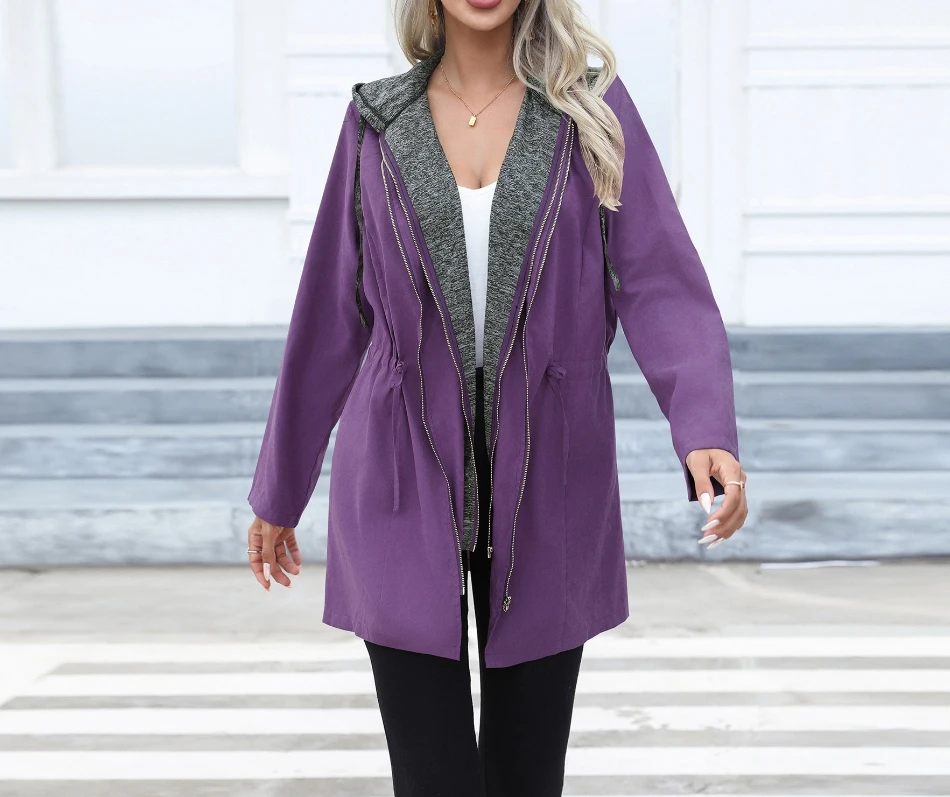 

Autumn and Winter Women's Casual Waist Cinched Double Zipper Contrasting Coat, Mid Length Long Sleeved Hooded Windbreaker