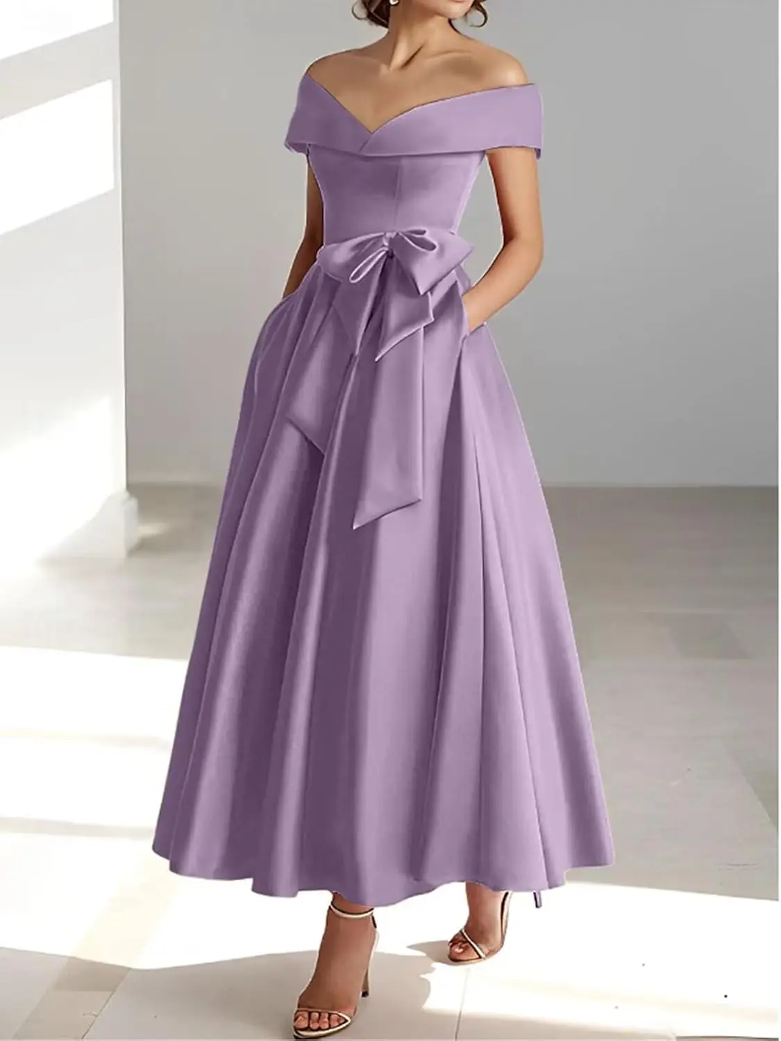 Vestidos femininos de cetim para mãe da noiva, ombro de fora, para casamento, com laço, comprimento de chá, vestido de noite formal