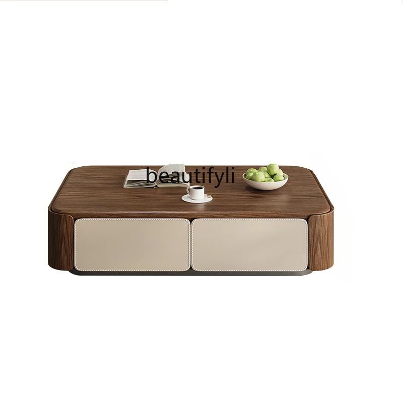 

Retro Natural Solid Wood Pattern Coffee Table Minimalist Saddle Leather Rectangular Living Room Combined Tea Table TV Cabinet